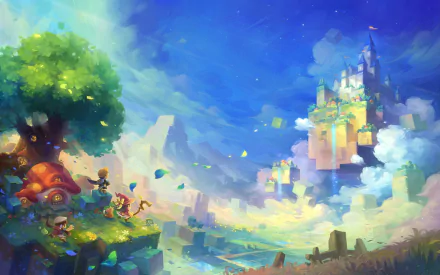 HD wallpaper featuring a colorful MapleStory 2 fantasy landscape with a castle in the distance and characters sitting by a tree.