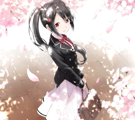 HD PC desktop wallpaper featuring Shuna Inuzuka from the anime Kishuku Gakkou No Juliet amidst falling cherry blossom petals.