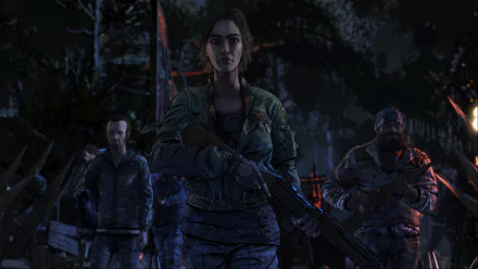 HD PC desktop wallpaper from the video game The Walking Dead: The Final Season — Clementine leads two armed companions through a dark, rainy forest.