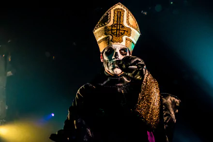 HD desktop wallpaper featuring a member of Ghost B.C. in ornate costume with a microphone.