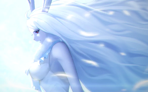 HD anime wallpaper of Carrot from One Piece with long white hair and striking red eyes against a light, ethereal background.