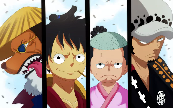 4K Ultra HD One Piece wallpaper featuring anime characters Kozuki Momonosuke, Monkey D. Luffy, Trafalgar Law, and Inuarashi in distinct vertical panels.