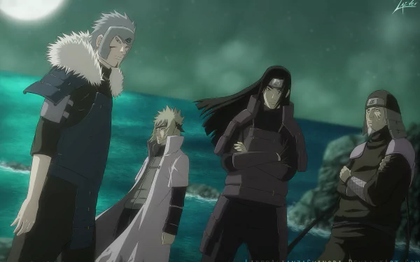 HD anime desktop wallpaper featuring Naruto's Hokage: Hiruzen Sarutobi, Minato Namikaze, Hashirama Senju, and Tobirama Senju standing under a moonlit sky.
