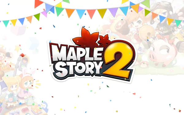 HD desktop wallpaper featuring colorful MapleStory 2 game characters and logo with festive bunting and confetti.