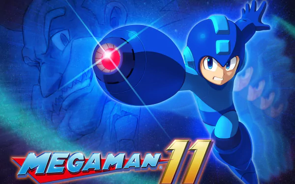 HD wallpaper featuring Mega Man with a charged shot from Mega Man 11, with villain Albert W. Wily in the background.