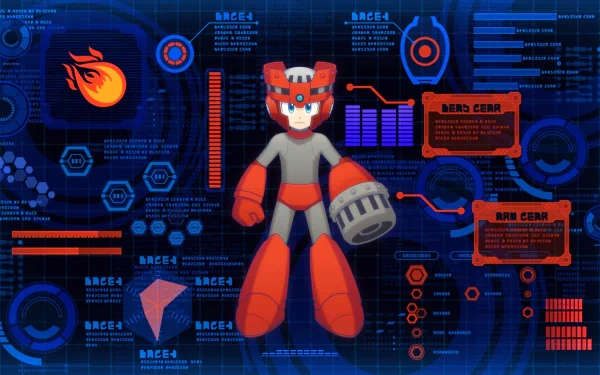 HD desktop wallpaper featuring Mega Man from Mega Man 11, poised for action against a tech-themed backdrop.