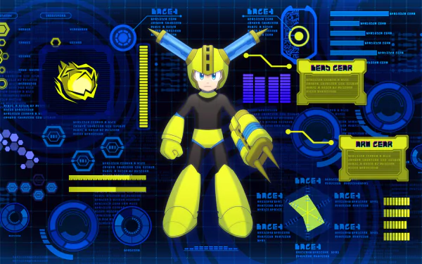 HD desktop wallpaper featuring Mega Man from Mega Man 11 set against a futuristic blue background with game interface elements.