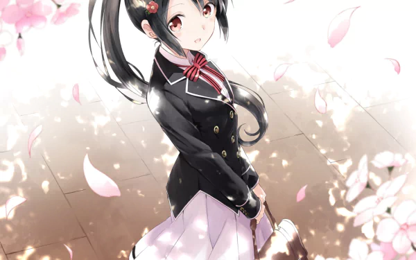 HD PC desktop wallpaper featuring Shuna Inuzuka from the anime Kishuku Gakkou No Juliet amidst falling cherry blossom petals.