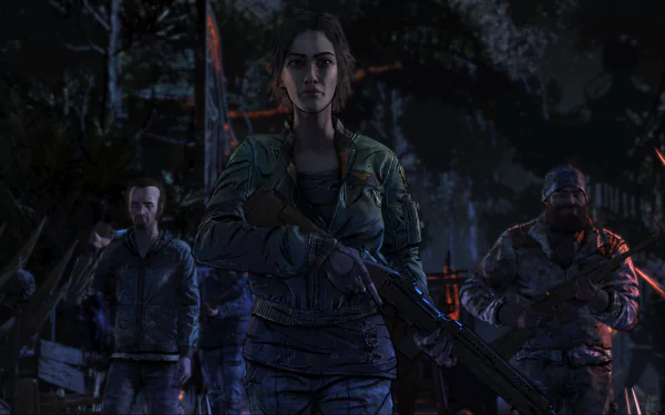 HD PC desktop wallpaper from the video game The Walking Dead: The Final Season — Clementine leads two armed companions through a dark, rainy forest.
