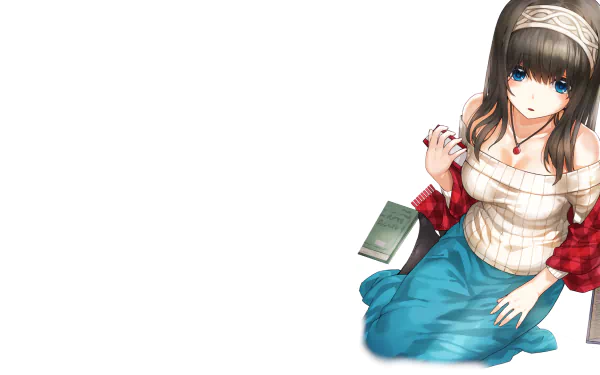 Anime HD desktop wallpaper of Fumika Sagisawa from The iDOLM@STER Cinderella Girls, featuring her long brown hair, blue eyes, and a casual outfit with a scarf.