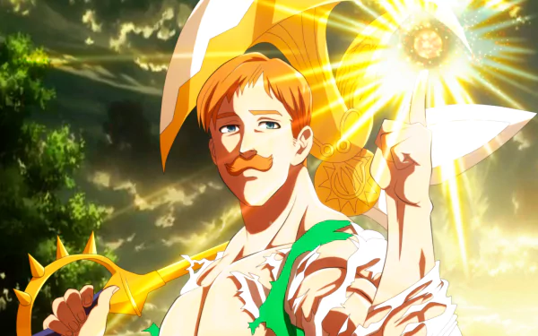 HD wallpaper of Escanor from the anime The Seven Deadly Sins, showcasing his powerful stance under a vibrant, sunlit sky.