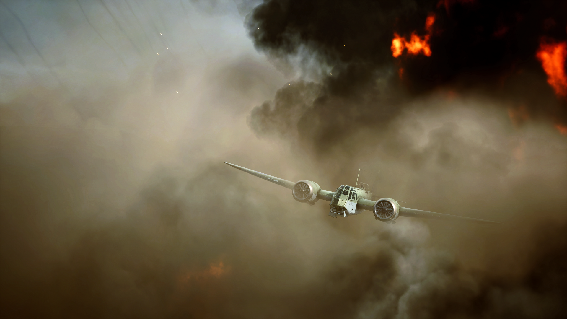 HD desktop wallpaper of a dramatic Battlefield V scene featuring a fighter plane flying through smoke and fire.