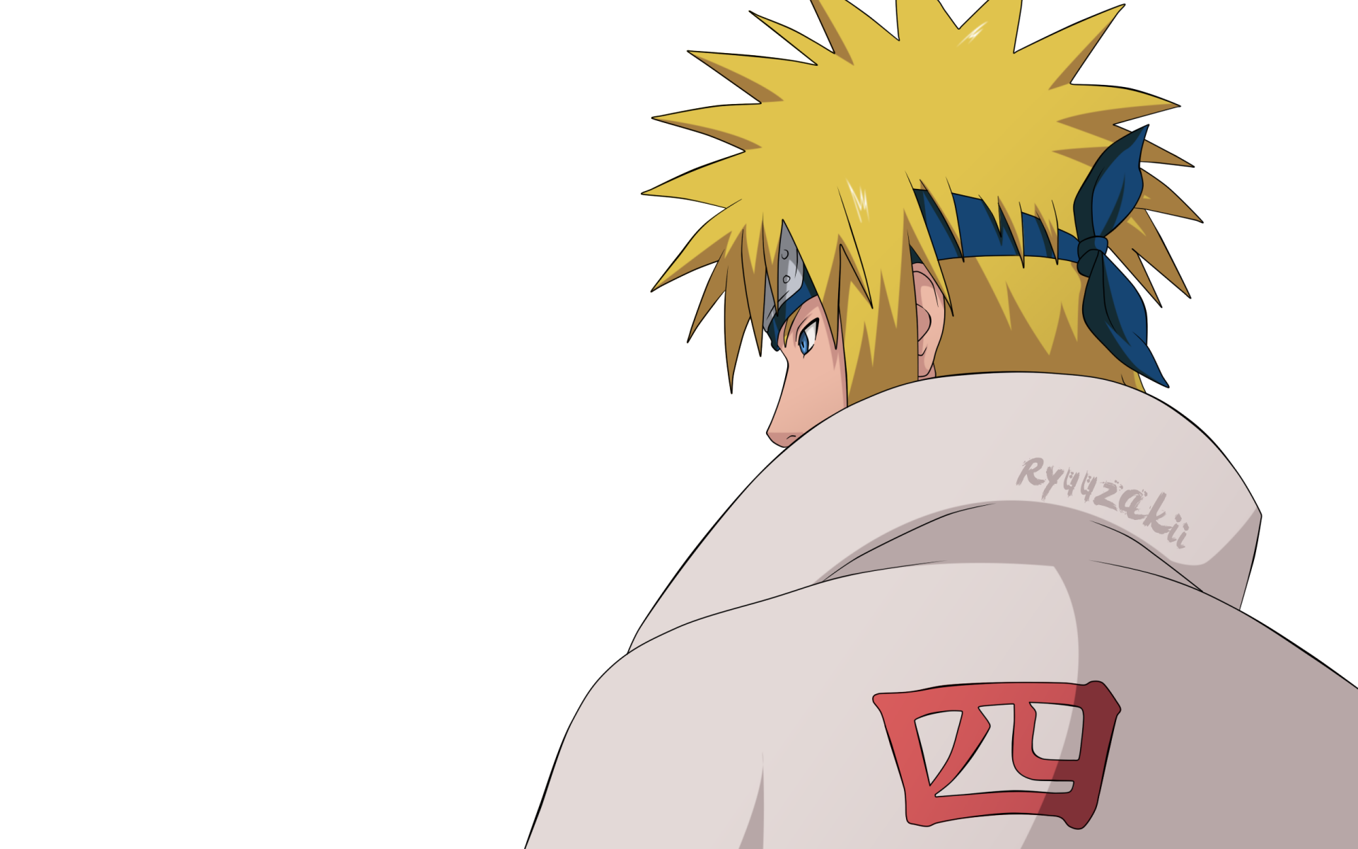 HD anime desktop wallpaper featuring Minato Namikaze from Naruto, shown in a side profile with his distinctive blond hair and signature cloak.