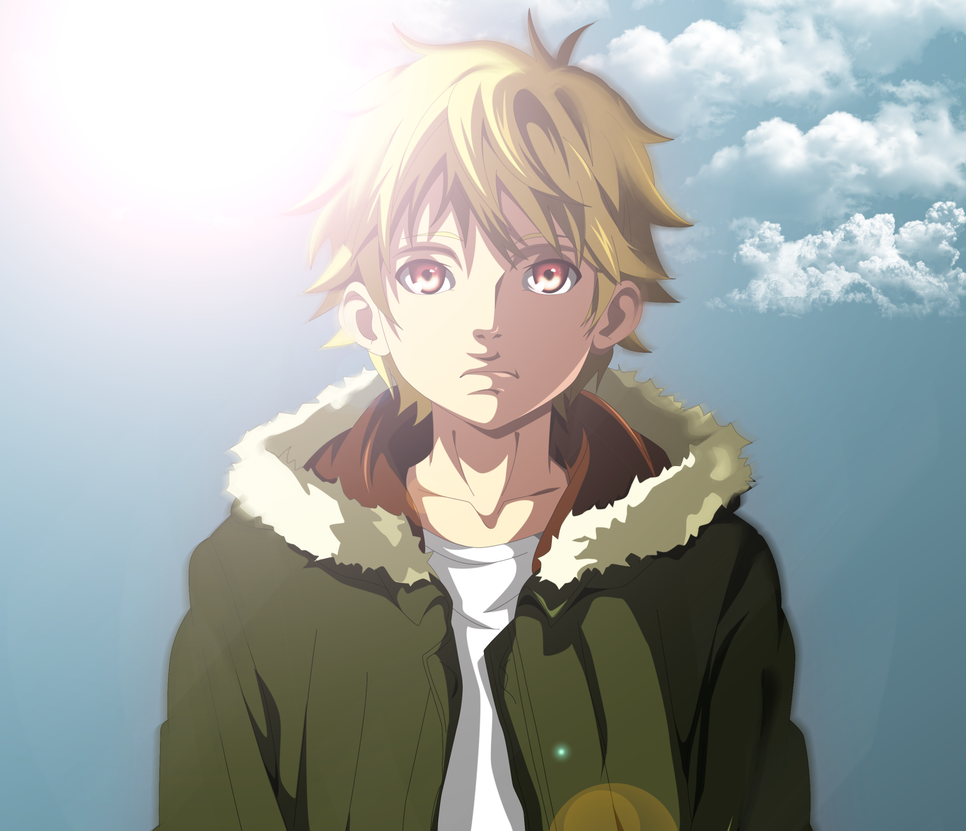 Yukine (Noragami) portrait against a bright sky with clouds, soft sunlight on his face, wearing a fur-collared green jacket — 2K Quad HD PC desktop wallpaper/background.