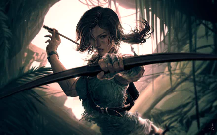HD PC wallpaper of Lara Croft from the video game Tomb Raider (2013): woman warrior draws a bow in a shadowy jungle cave, fierce expression and dramatic backlight.