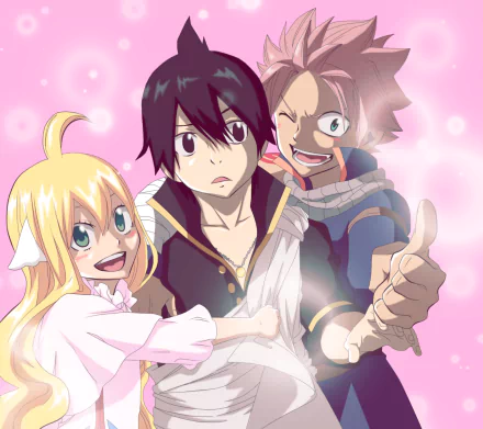 HD desktop wallpaper featuring Mavis Vermilion, Zeref Dragneel, and Natsu Dragneel from the anime Fairy Tail. The characters are against a pink background with cheerful expressions and dynamic poses.