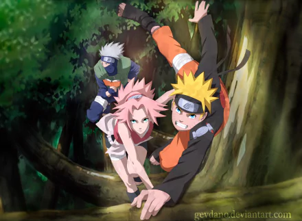 4K Ultra HD anime wallpaper featuring Naruto Uzumaki, Sakura Haruno, and Kakashi Hatake in an action scene from Naruto, set against a lush forest background.