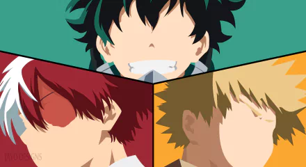 HD PC desktop wallpaper of My Hero Academia anime: Izuku Midoriya (top) smiling, Shoto Todoroki (left) and Katsuki Bakugou (right) in three-panel close-up.