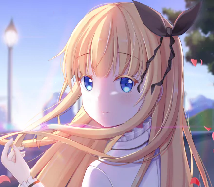 HD anime desktop wallpaper featuring Juliet Persia from Kishuku Gakkou No Juliet with blonde hair and striking blue eyes in a sunlit outdoor setting.