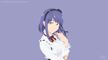 Shidare Hotaru (Anime, Dagashi Kashi) HD PC desktop wallpaper — three-quarter portrait on muted purple background, white frilled blouse and headband, contemplative expression.