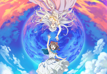 HD anime wallpaper featuring Rin and Finis from Lost Song, with flowing dresses and bows against a vibrant sky filled with clouds and a large blue orb.