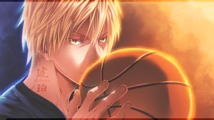 HD PC desktop wallpaper of Ryōta Kise from Kuroko's Basketball, anime portrait holding a basketball with an intense golden gaze and warm orange backlighting.