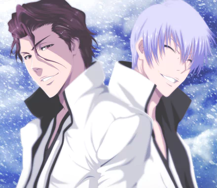 HD anime desktop wallpaper featuring Gin Ichimaru and Sōsuke Aizen from Bleach, both smiling against a sparkling blue background.