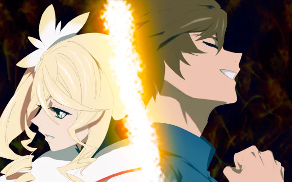 HD PC desktop wallpaper: Alisha Diphda and Sorey from Tales of Zestiria the X stand back-to-back, split by a blazing vertical light; Alisha pensive, Sorey resolute.