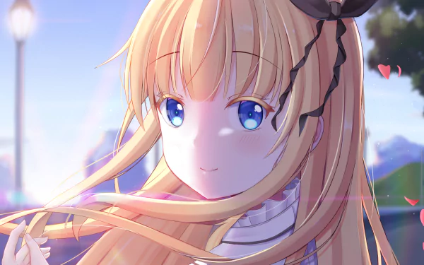 HD anime desktop wallpaper featuring Juliet Persia from Kishuku Gakkou No Juliet with blonde hair and striking blue eyes in a sunlit outdoor setting.