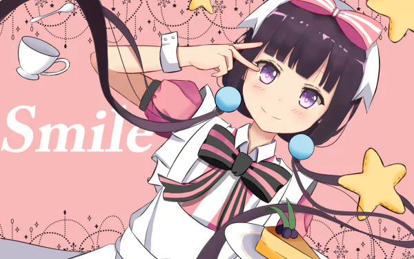 Maika Sakuranomiya from the anime Blend S smiling in maid outfit with dessert and star motifs on a pink background — 2K Quad HD PC desktop wallpaper.