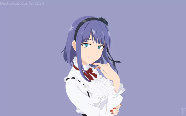 Shidare Hotaru (Anime, Dagashi Kashi) HD PC desktop wallpaper — three-quarter portrait on muted purple background, white frilled blouse and headband, contemplative expression.