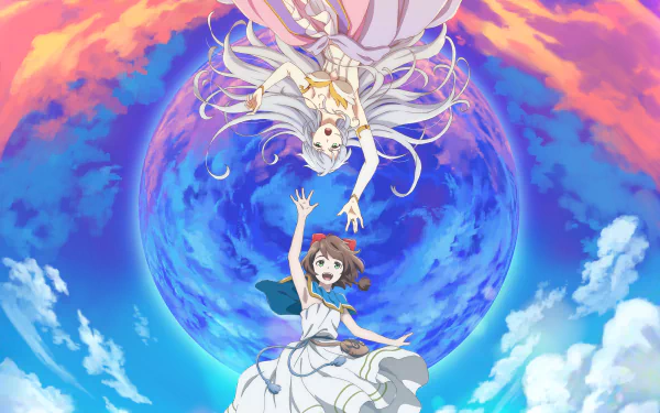 HD anime wallpaper featuring Rin and Finis from Lost Song, with flowing dresses and bows against a vibrant sky filled with clouds and a large blue orb.