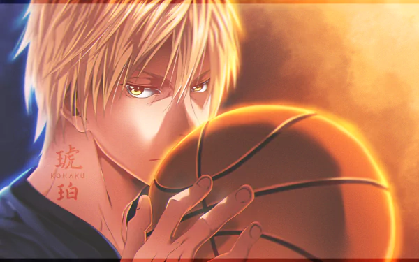 HD PC desktop wallpaper of Ryōta Kise from Kuroko's Basketball, anime portrait holding a basketball with an intense golden gaze and warm orange backlighting.
