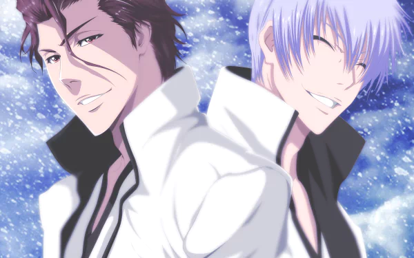 HD anime desktop wallpaper featuring Gin Ichimaru and Sōsuke Aizen from Bleach, both smiling against a sparkling blue background.
