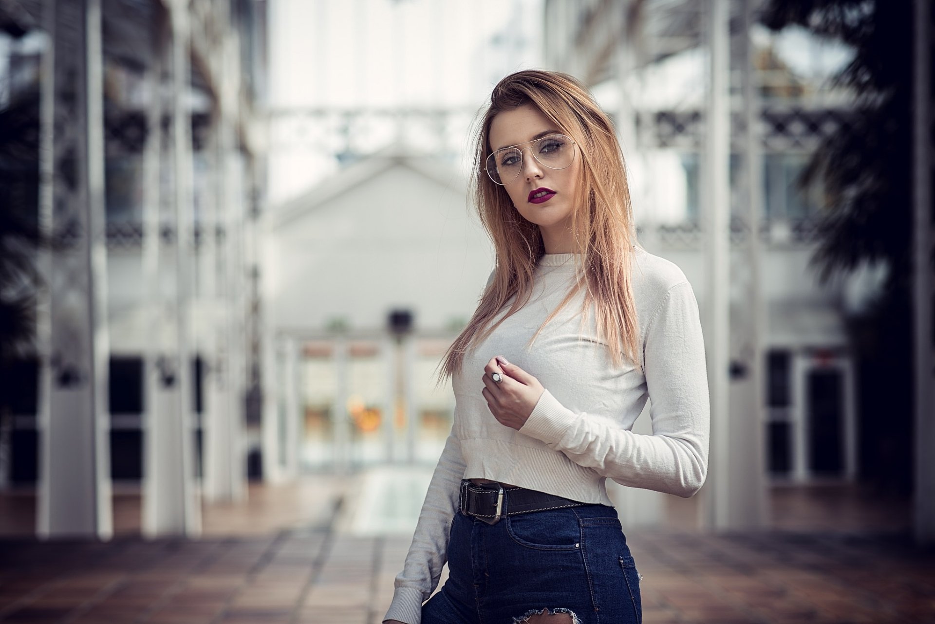 Download Long Hair Brunette Depth Of Field Glasses Lipstick Woman Model HD Wallpaper by Javier Garrido