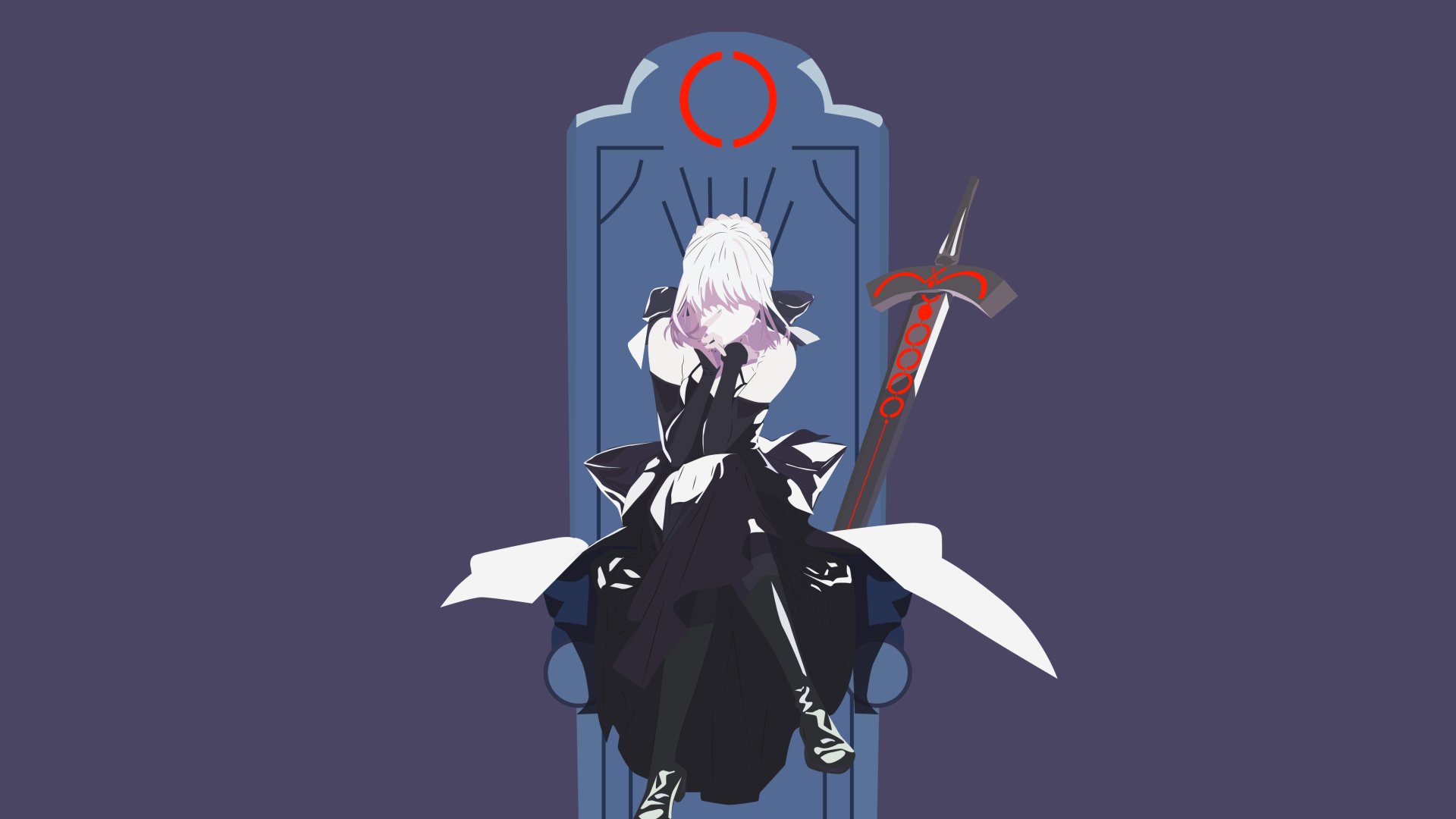 Saber Alter from Fate/Grand Order sits on a dark throne with her red and black sword beside her, depicted in striking 4K Ultra HD anime-style art.