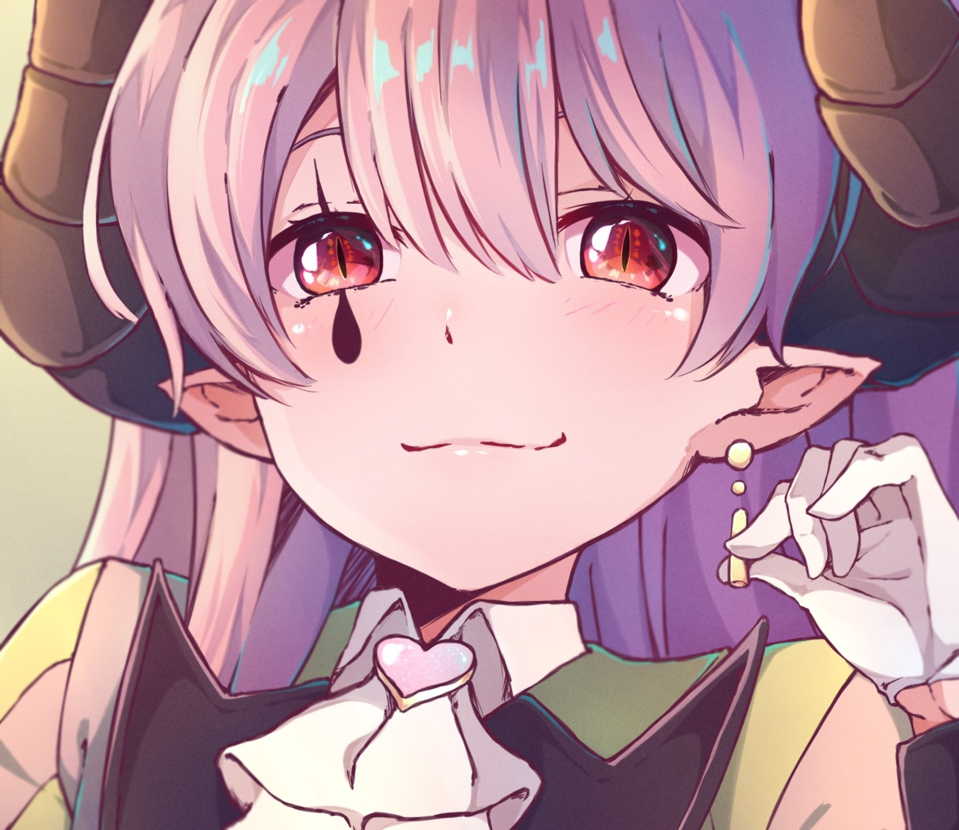 Anime-style HD desktop wallpaper featuring a smiling character with horns, purple hair, red eyes, and a teardrop mark under one eye.