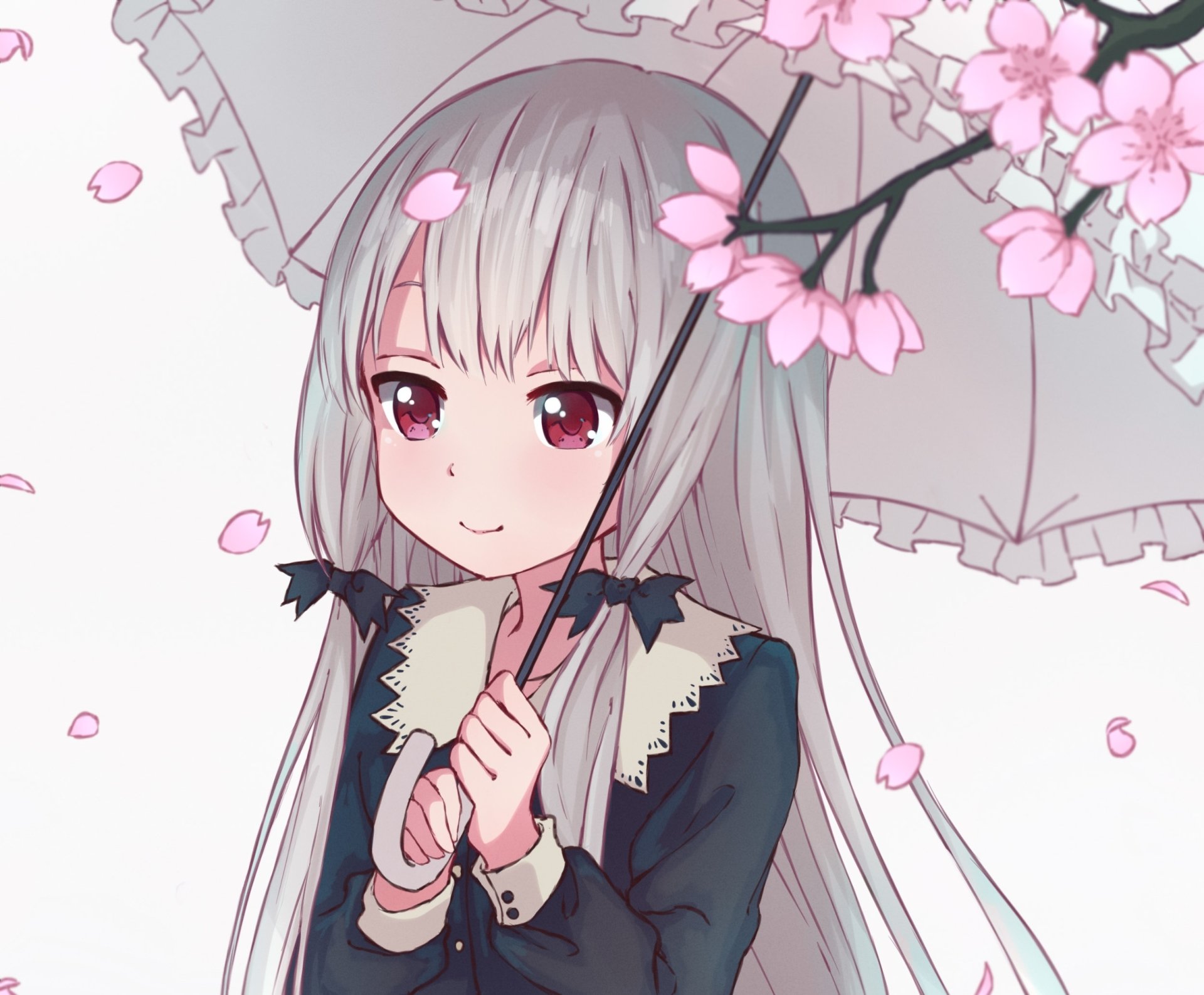 HD desktop wallpaper featuring Sophie Twilight from 'Tonari no Kyuuketsuki-san', with cherry blossoms and a gentle smile.