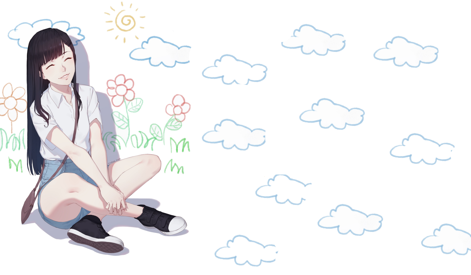 Anime original 2K Quad HD PC desktop wallpaper: smiling schoolgirl sits on grass with doodle flowers, scattered fluffy clouds and ample negative space on the right.