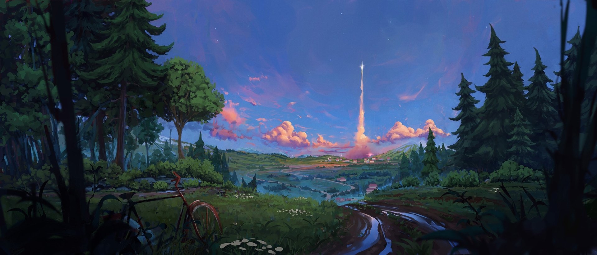 HD PC desktop wallpaper/background: sci‑fi landscape with a bicycle by a forest path, river valley and a distant rocket-like spire launching into a vibrant sunset sky.