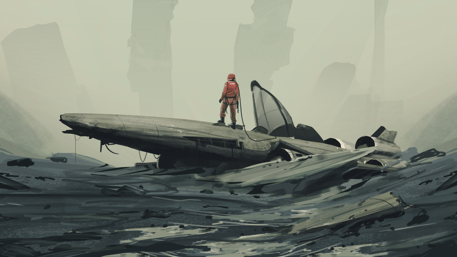 A sci-fi HD PC desktop wallpaper featuring an astronaut standing on a sleek spaceship wreck amid a desolate, rocky alien landscape.