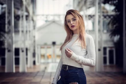 long hair brunette depth of field glasses lipstick woman model HD Desktop Wallpaper | Background Image