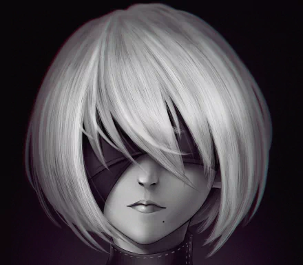 HD PC desktop wallpaper featuring YoRHa No.2 Type B, a character from the video game NieR: Automata, with her signature blindfold and white hair against a dark background.