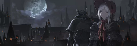 HD Bloodborne desktop wallpaper featuring the Plain Doll character under a large glowing moon with gothic cityscape silhouettes in the background.