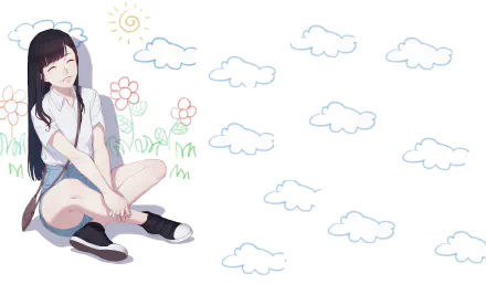 Anime original 2K Quad HD PC desktop wallpaper: smiling schoolgirl sits on grass with doodle flowers, scattered fluffy clouds and ample negative space on the right.