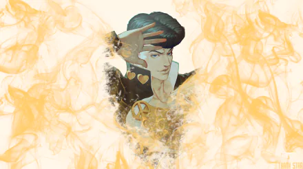 HD PC desktop wallpaper featuring Josuke Higashikata from the anime JoJo's Bizarre Adventure with vibrant orange smoke effects on a light background.