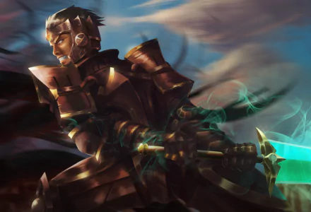 HD anime desktop wallpaper featuring Gazef Stronoff from Overlord in detailed armor, wielding a glowing sword against a dramatic sky backdrop.