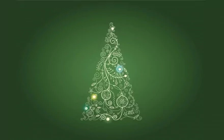 Abstract Christmas tree design with glowing ornaments on a green background, HD desktop wallpaper.