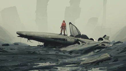 A sci-fi HD PC desktop wallpaper featuring an astronaut standing on a sleek spaceship wreck amid a desolate, rocky alien landscape.