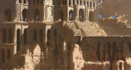 HD fantasy desktop wallpaper featuring ancient, sunlit ruins with intricate arches and stairways carved into rocky cliffs.